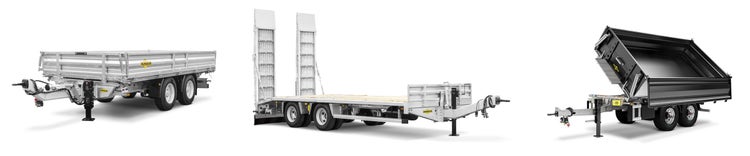 Humbaur Dreiseitenkipper und Tiefladeranhänger in verschiedenen Modellen auf weißem Hintergrund.