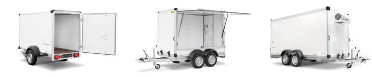 Humbaur Kofferanhänger in verschiedenen Varianten, darunter Kühl- und Verkaufsanhänger.