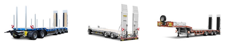 Humbaur Schwerlast- und Tiefladeranhänger in verschiedenen Modellen auf weißem Hintergrund.