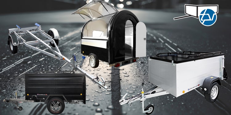 Headerbild mit 4 Anhängern, davon 1 Bootstrailer, 1 Foodtrailer, und zwei Kofferanhänger, jeweils Einachser-Anhänger