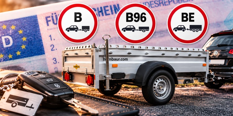 KI-generiertes Bild mit einem Humbaur Anhänger, Führerscheinabbildung und Autoschlüssel. Ebenso die Führerscheinklassen B, B96 und BE als Icon.