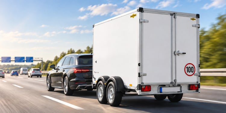 KI generiertes Bild mit einem Humbaur Anhänger und einer 100er Zulassung auf einer deutschen Autobahn