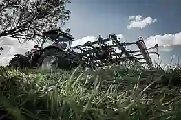 Bild einer Wiese im Hintergrund ein Case Traktor
